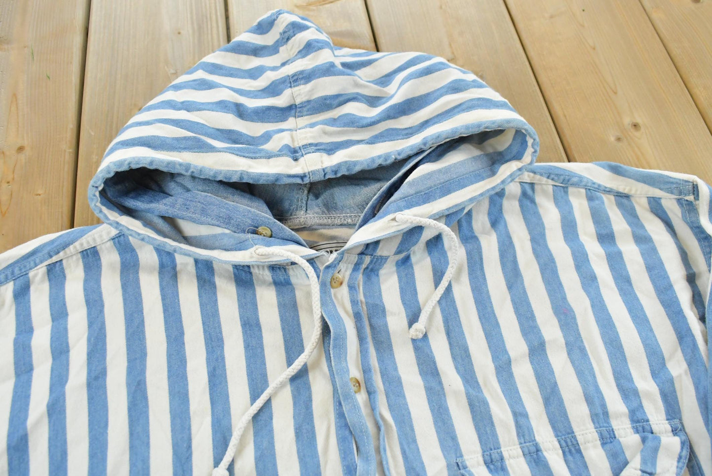 Vintage 1990s Fluid Blues Striped Flannel Hooded Button Up Shirt Mens XL