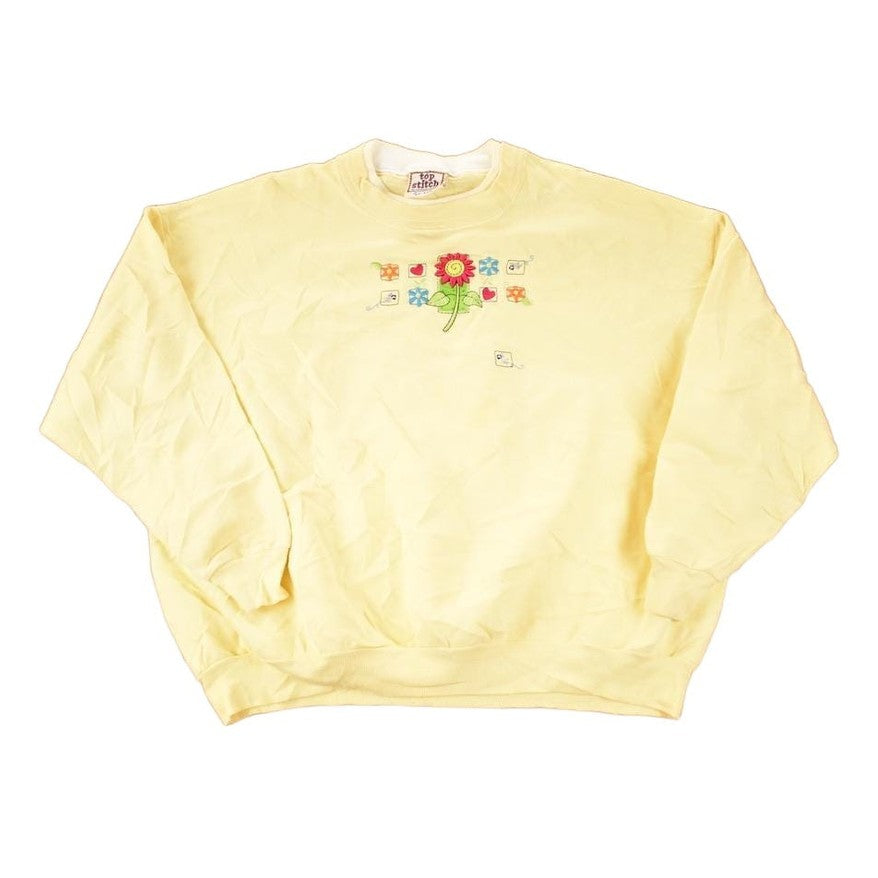 Vintage 1990s Top Stitch Embroidered Floral Double Collar Crewneck Sweatshirt Women's XL