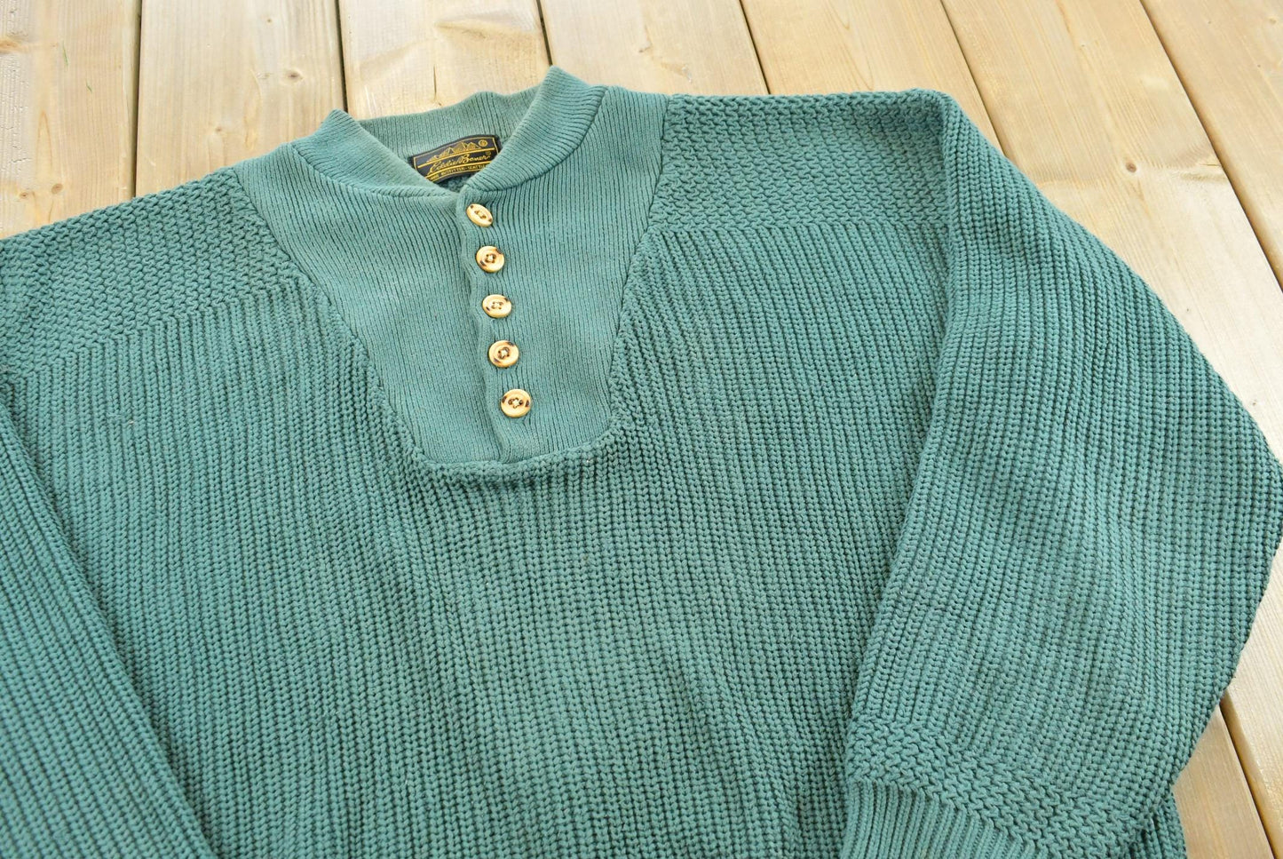 Vintage 1990s Eddie Bauer Henley Collar Quarter Button Cotton Knit Sweater Men's L / 90s Streetwear / Layering