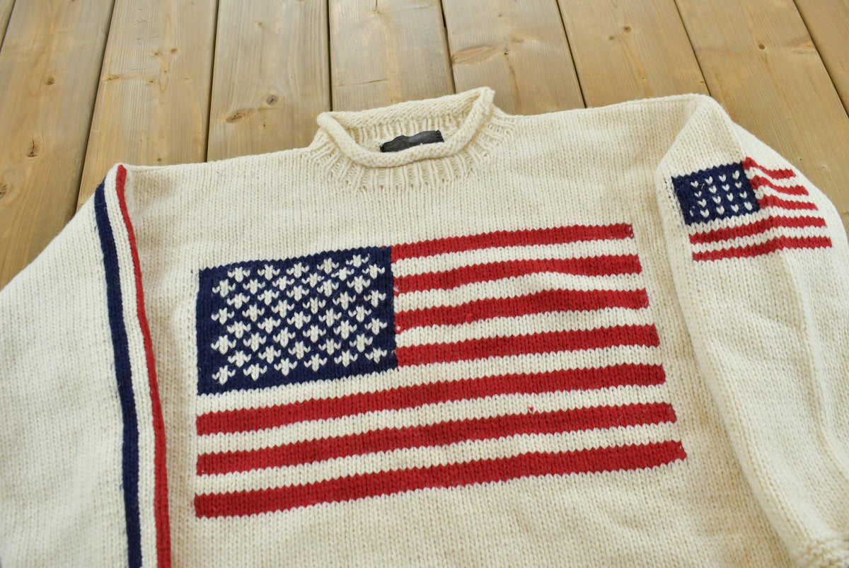 Vintage 1980s Hand Knit USA American Flag Wool Knit Sweater Men's L