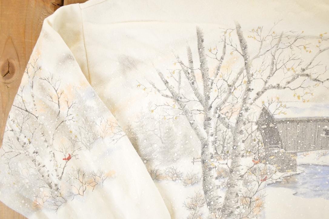 Vintage 1990s Artisans Winter Theme AOP Double Collar Crewneck Sweatshirt Men's L