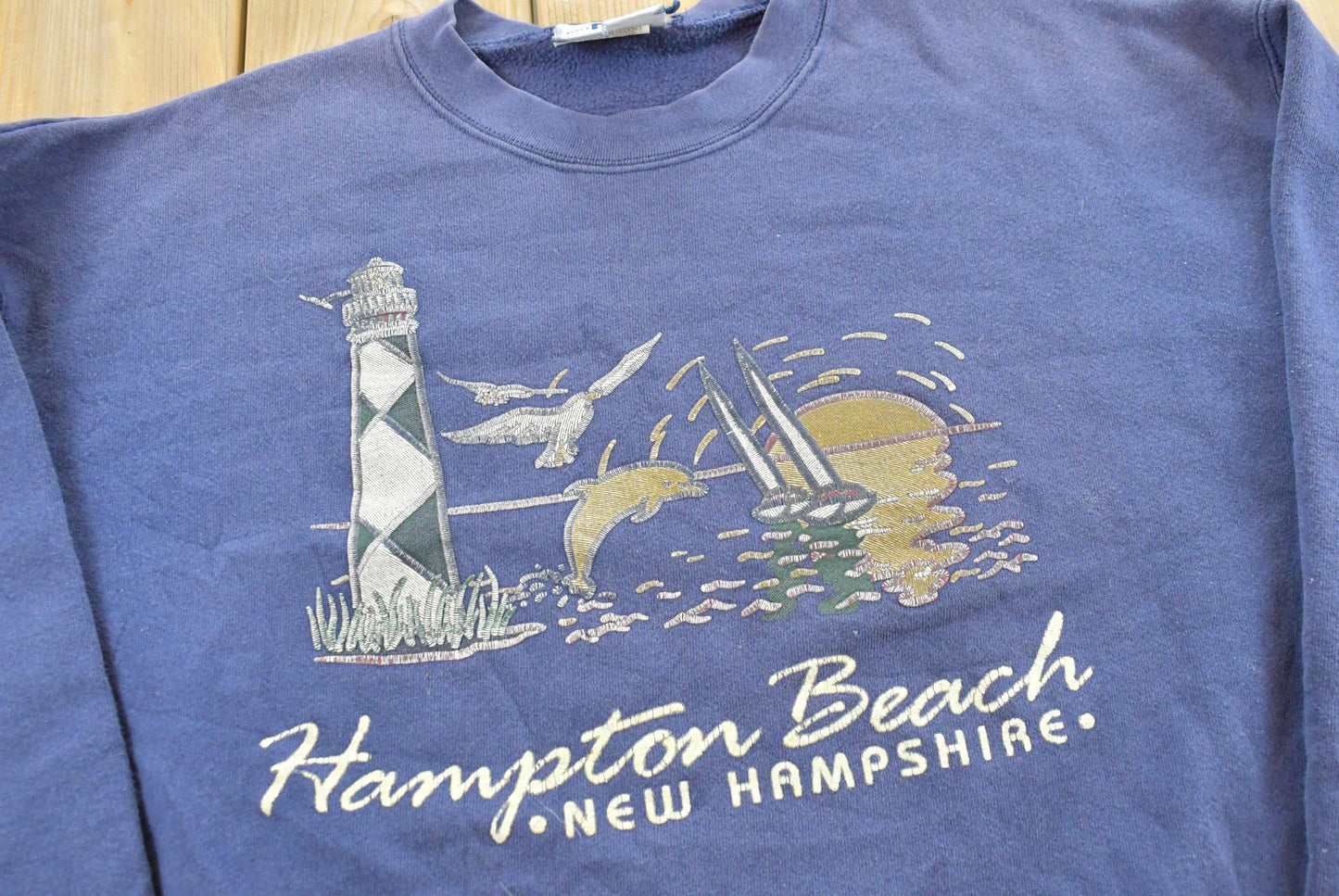 Vintage 1990s Lee Hampton Beach New Hampshire Souvenir Lighthouse Crew Neck Sweatshirt Men's L