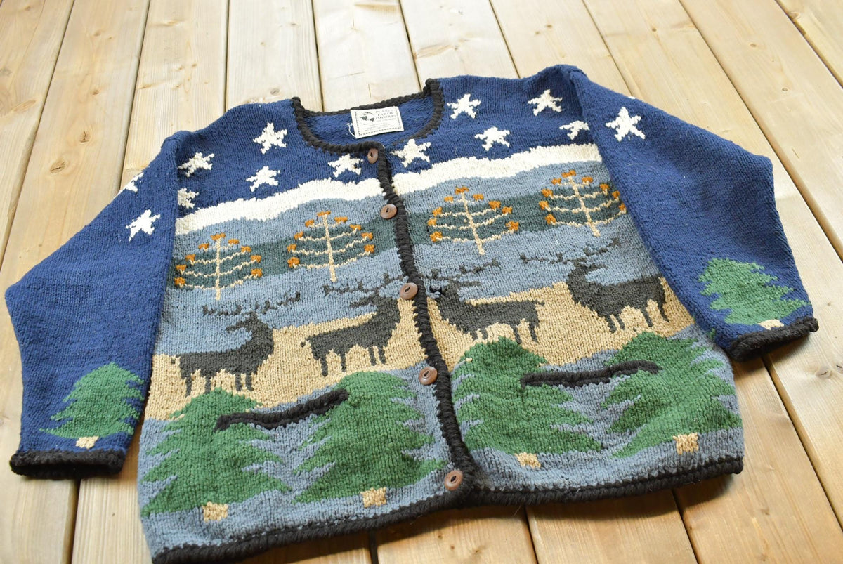Vintage 1990s Planet Earth Imports Hand Knit Reindeer Pine Tree Wool Knit Button Up Cardigan Sweater Women's XL