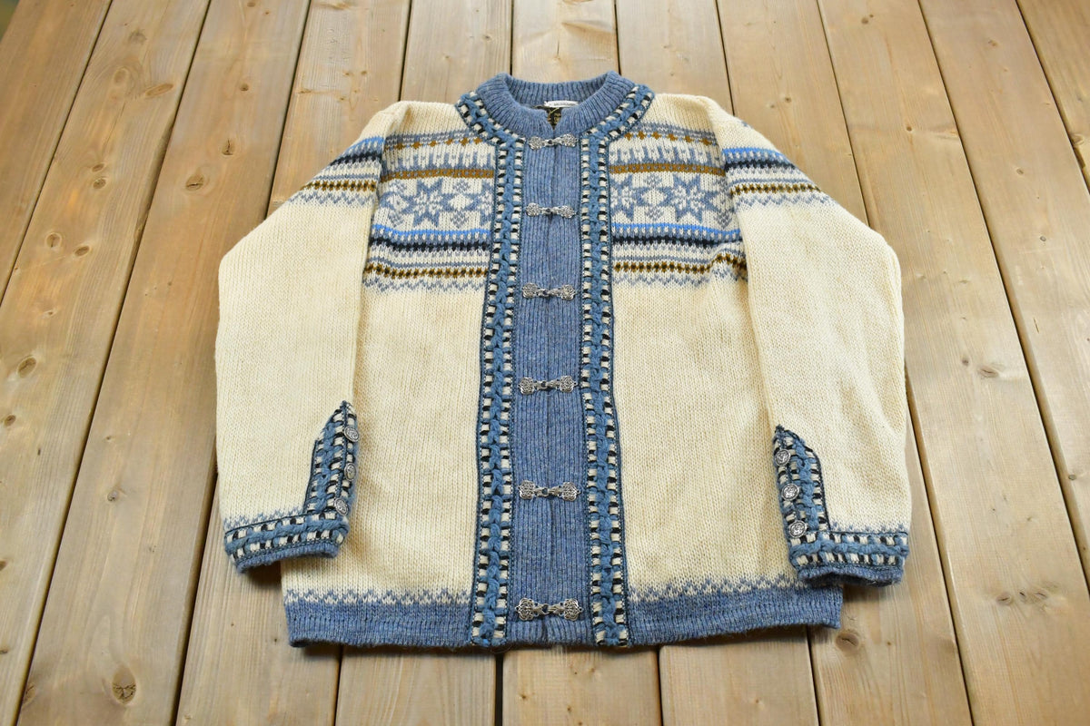 Vintage 1980s Norlander Wool Knit Cardigan Sweater Women's L / Vintage Cardigan / Button Up Cardigan / 80s Nordic Sweatshirt / Fair Isle