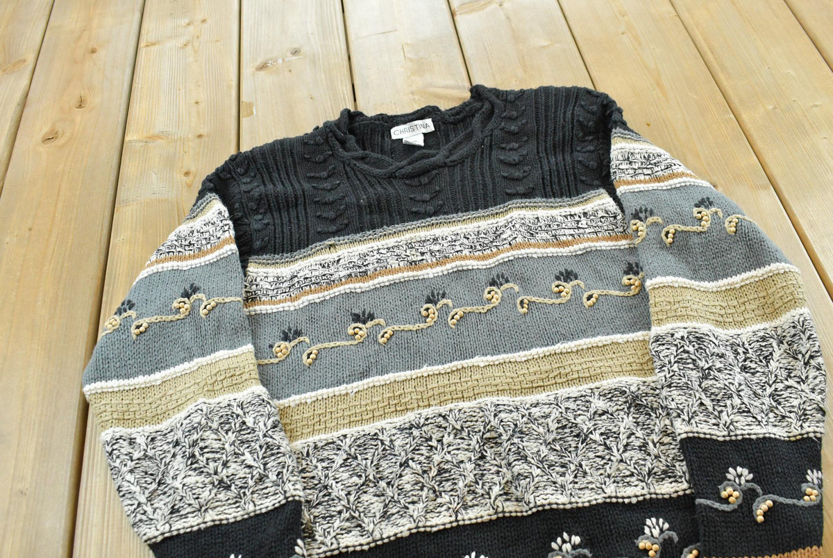 Vintage 1990s Christina Embroidered Cotton Knit Floral Sweater Women's S
