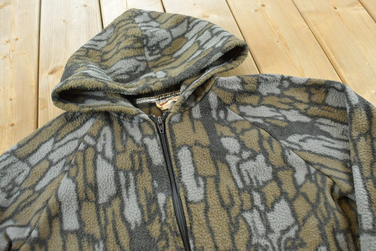 Vintage 1990s Cabela's Tree Bark Camo Fleece Full Zip Up Hoodie Sweatshirt Men's L