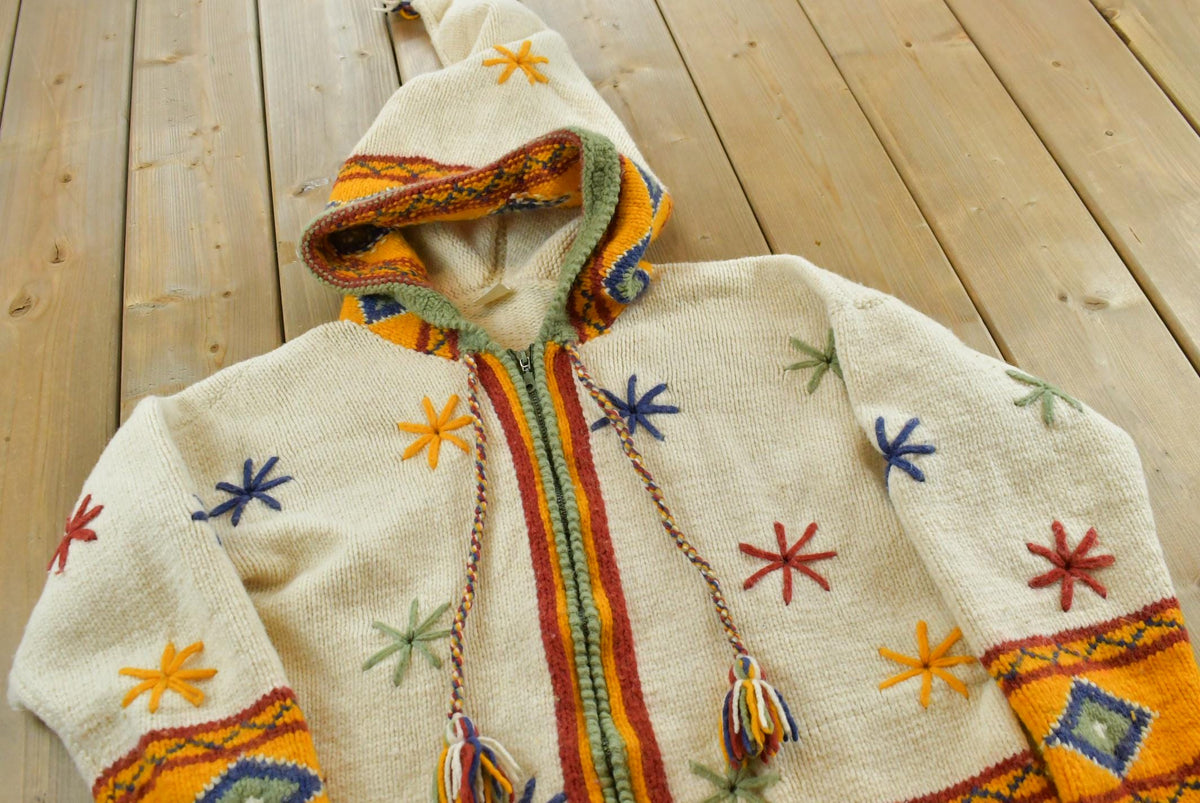 Vintage 1980s Ecuador Full Zip Wool Knit Hoodie Sweater Jacket Men's M