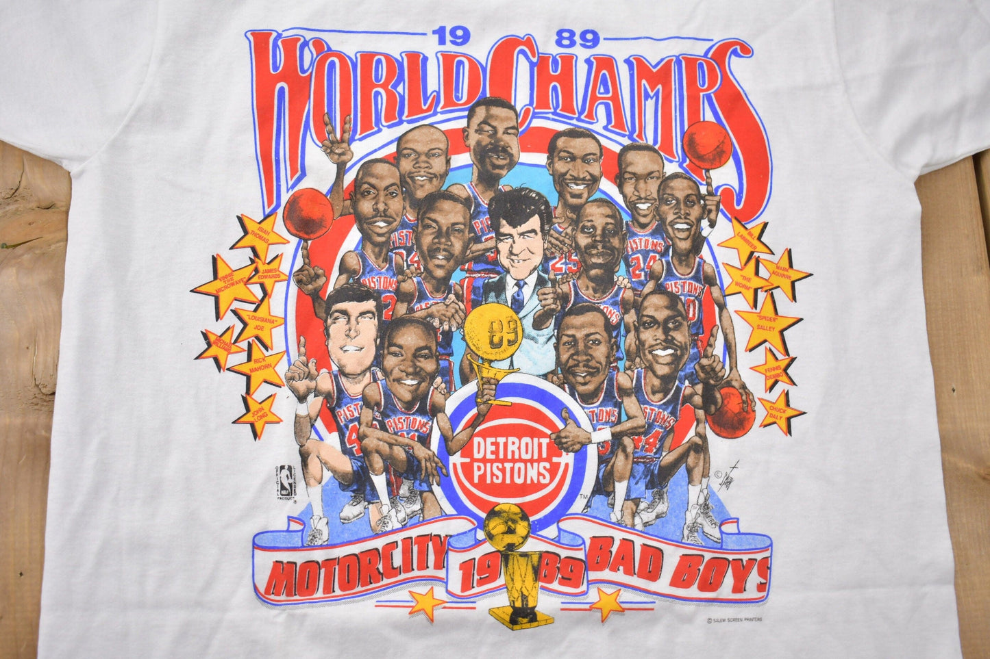 Vintage 1989 Detroit Pistons NBA World Champs Big Head Graphic T-Shirt Men's M
