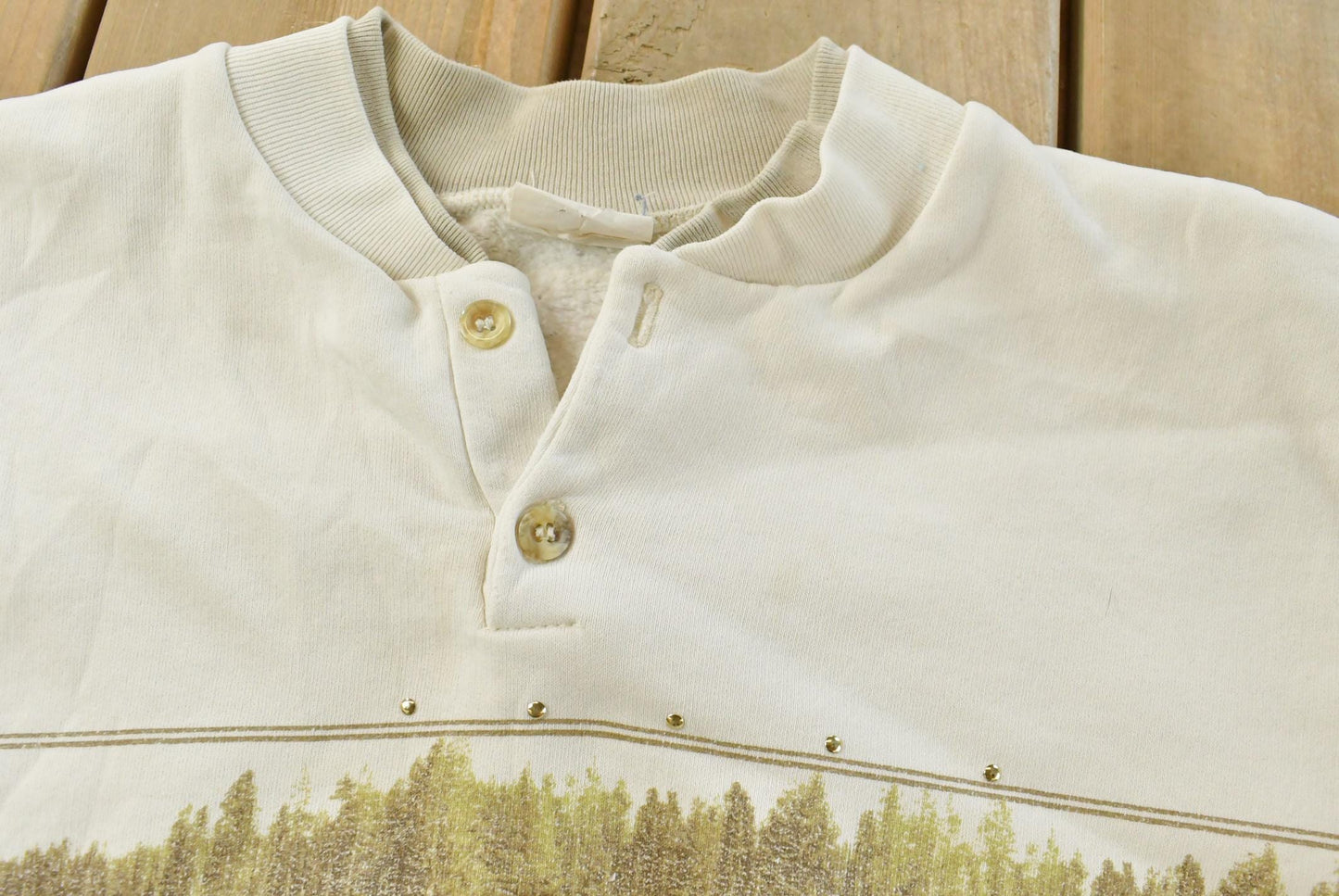 Vintage 1990's Forest Print Henley Sweatshirt ��� All Over Nature Wildlife Trees