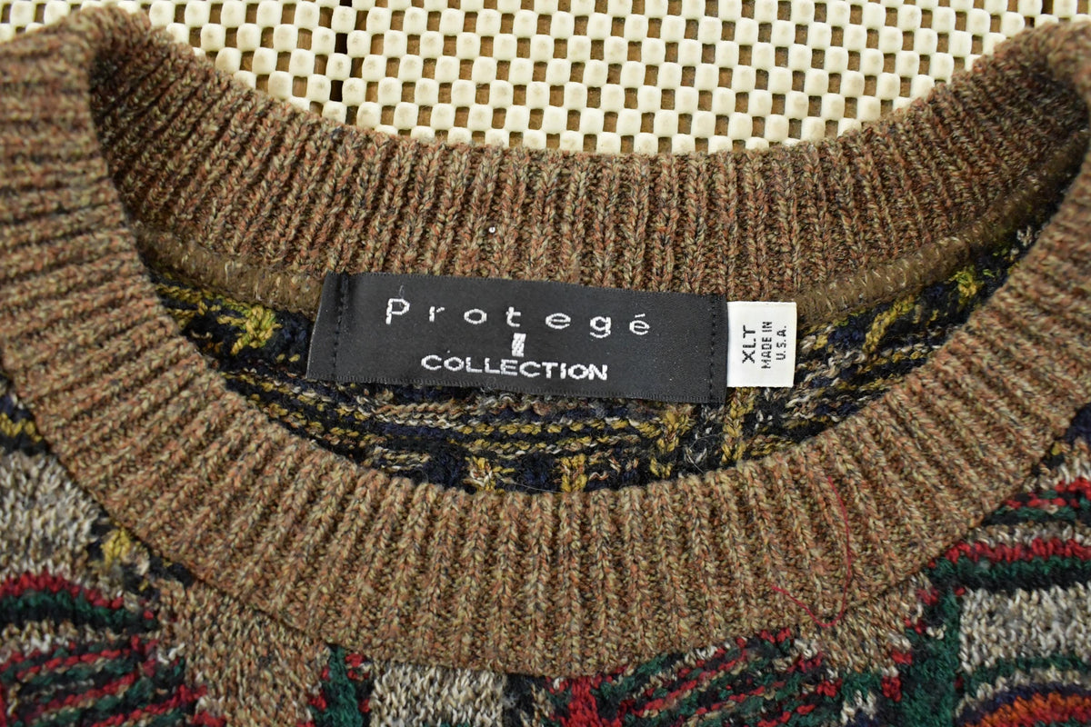 Vintage 1990s Protégé Abstract Knit Crewneck Sweater Men's XL Tall / Vintage 90s Crewneck / Funky Patterns / Made in USA