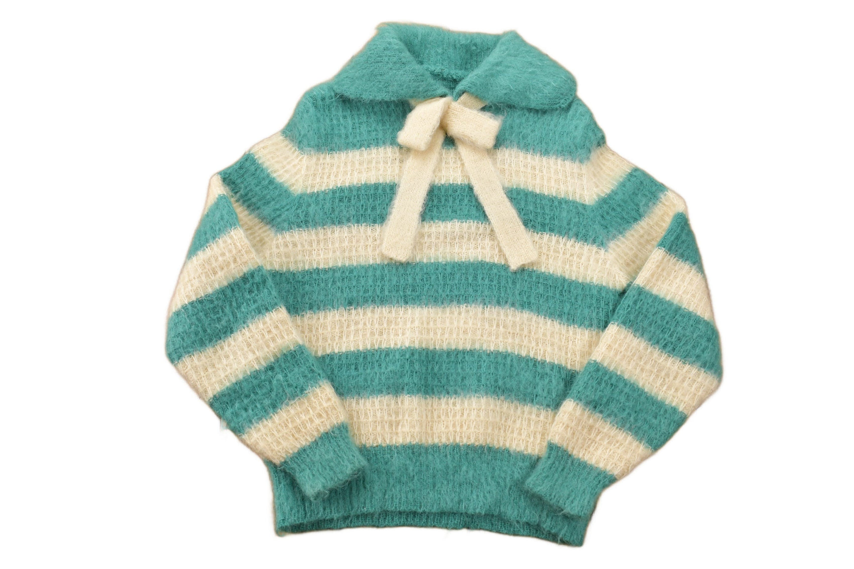 Vintage 1970s Wool Knit Bow Tie Green Beige Stripe Sweater Men's S