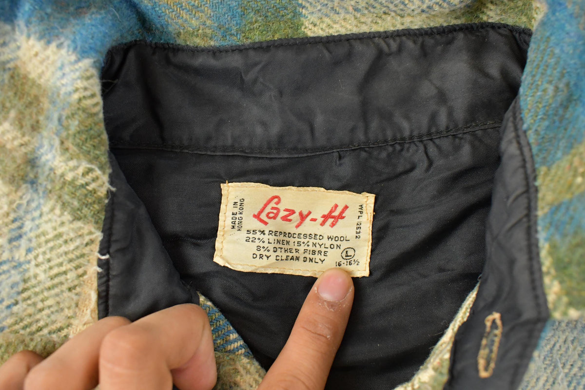 Vintage 1970s Lazy-H Plaid Button Up Flannel Shirt Jacket Men's Large