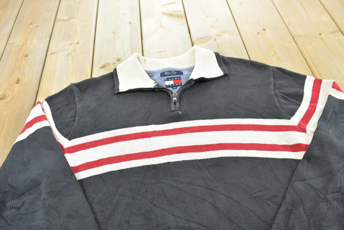 Vintage 1990s Tommy Hilfiger Striped Quarter Zip Knit Sweater Men's L