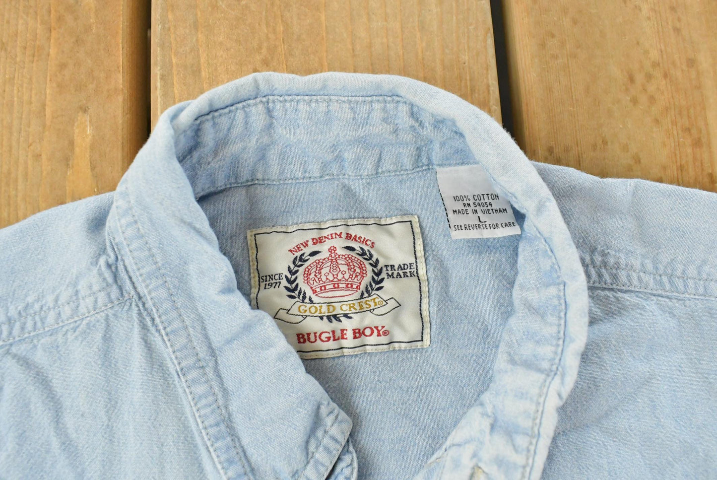 Vintage 1990s Bugle Boy Gold Crest Denim Button Up Shirt Men's Large