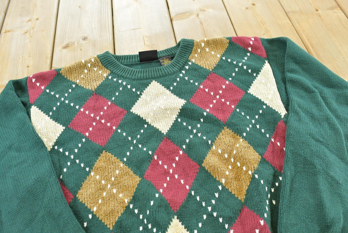 Vintage 1990s Liz Sport Argyle Pattern Cotton Knit Crewneck Sweater Women's M