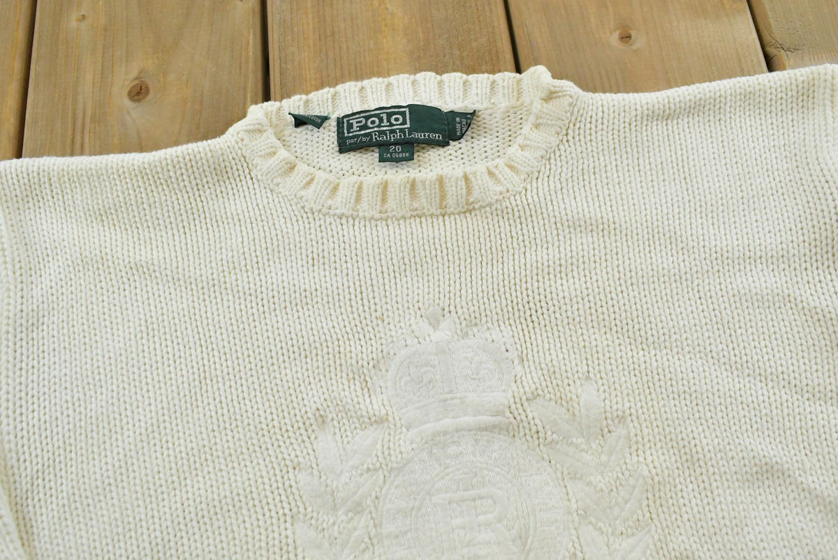 Vintage 1990s Polo Ralph Lauren Embroidered Crest Logo Cotton Knit Crewneck Sweater Women's M