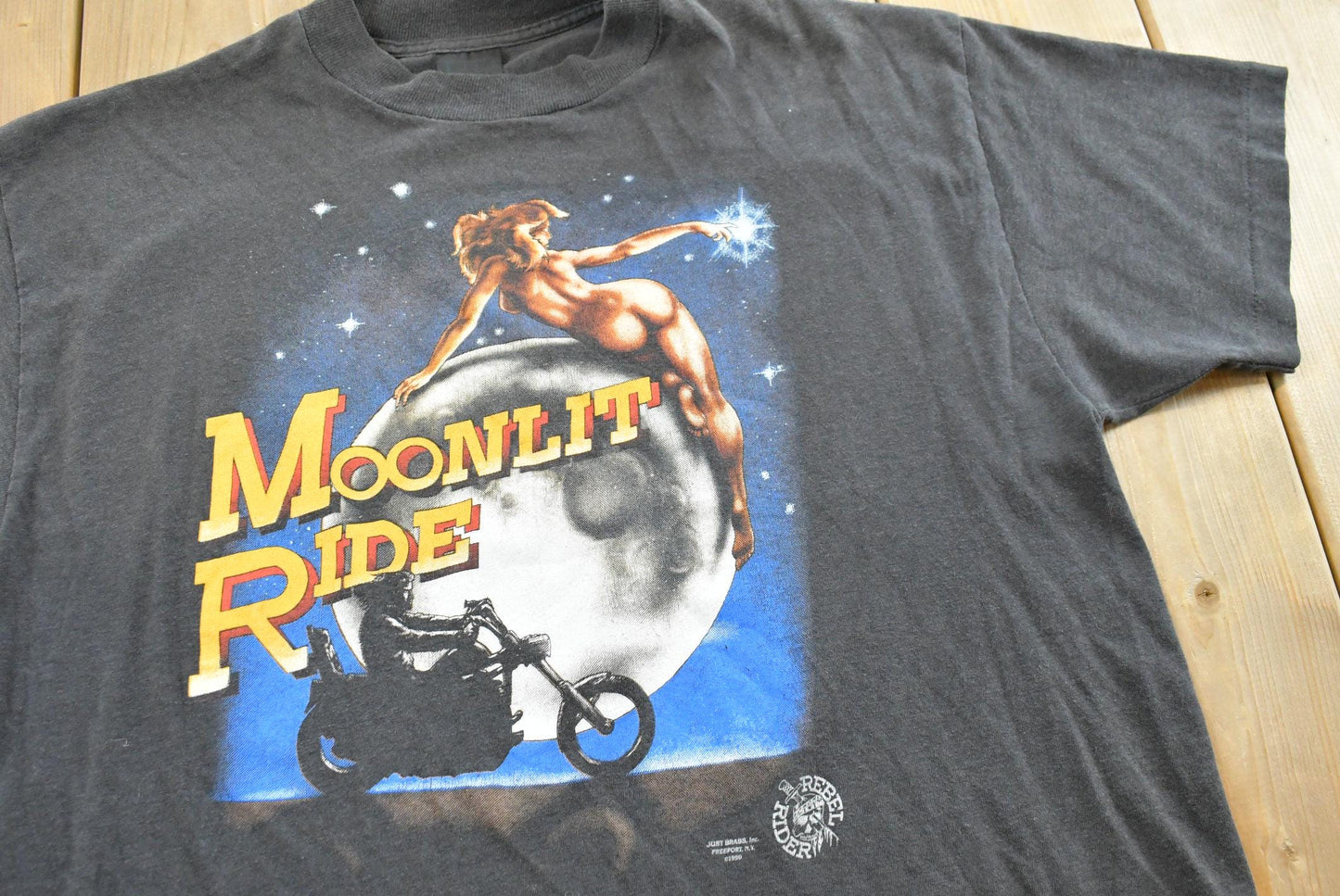 Vintage 1990 Just Brass Rebel Rider Moonlit Ride Motorcycle T-Shirt Mens M