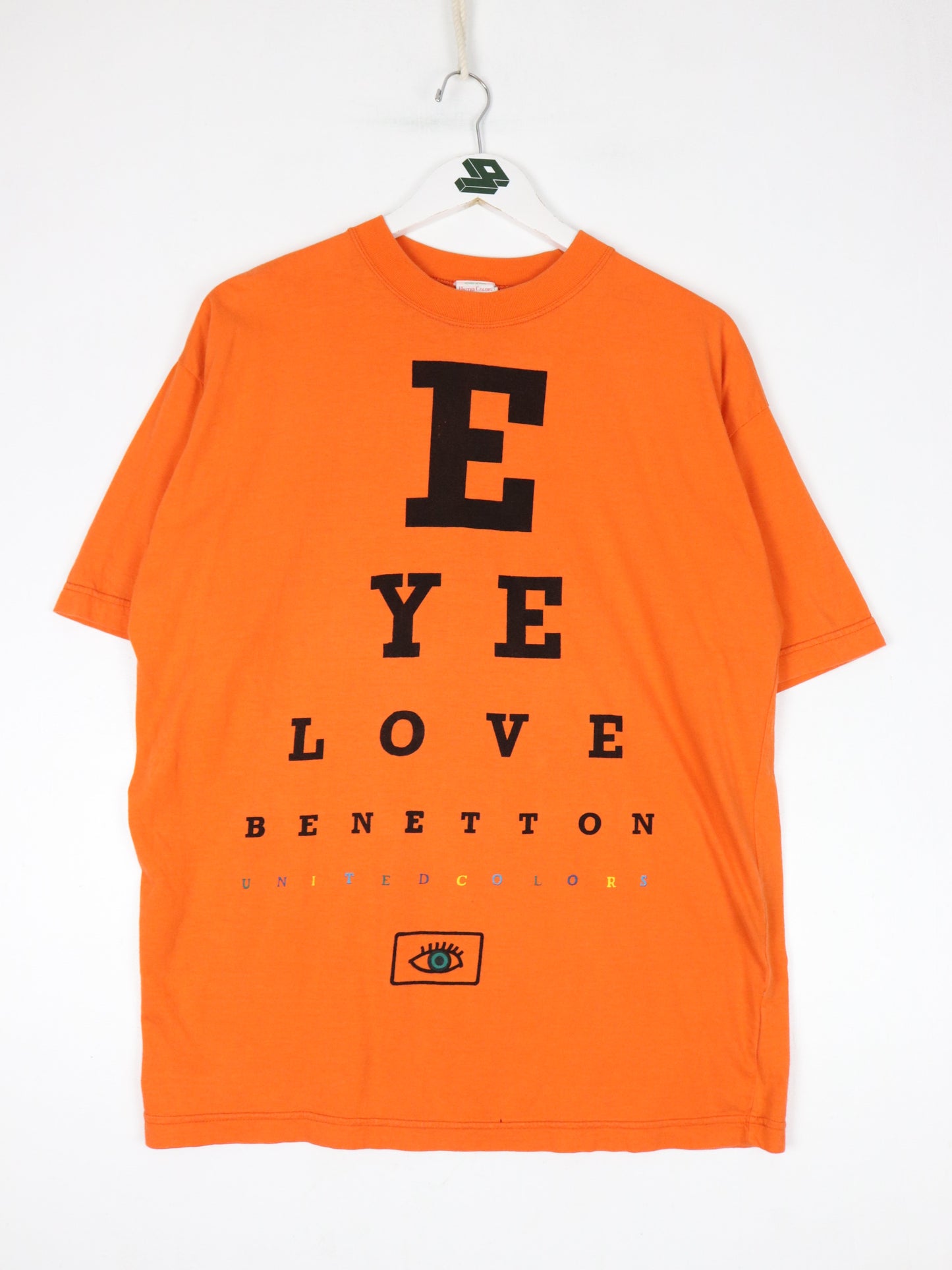 Vintage United Colors of Benetton T Shirt Mens Large Orange Eye Love