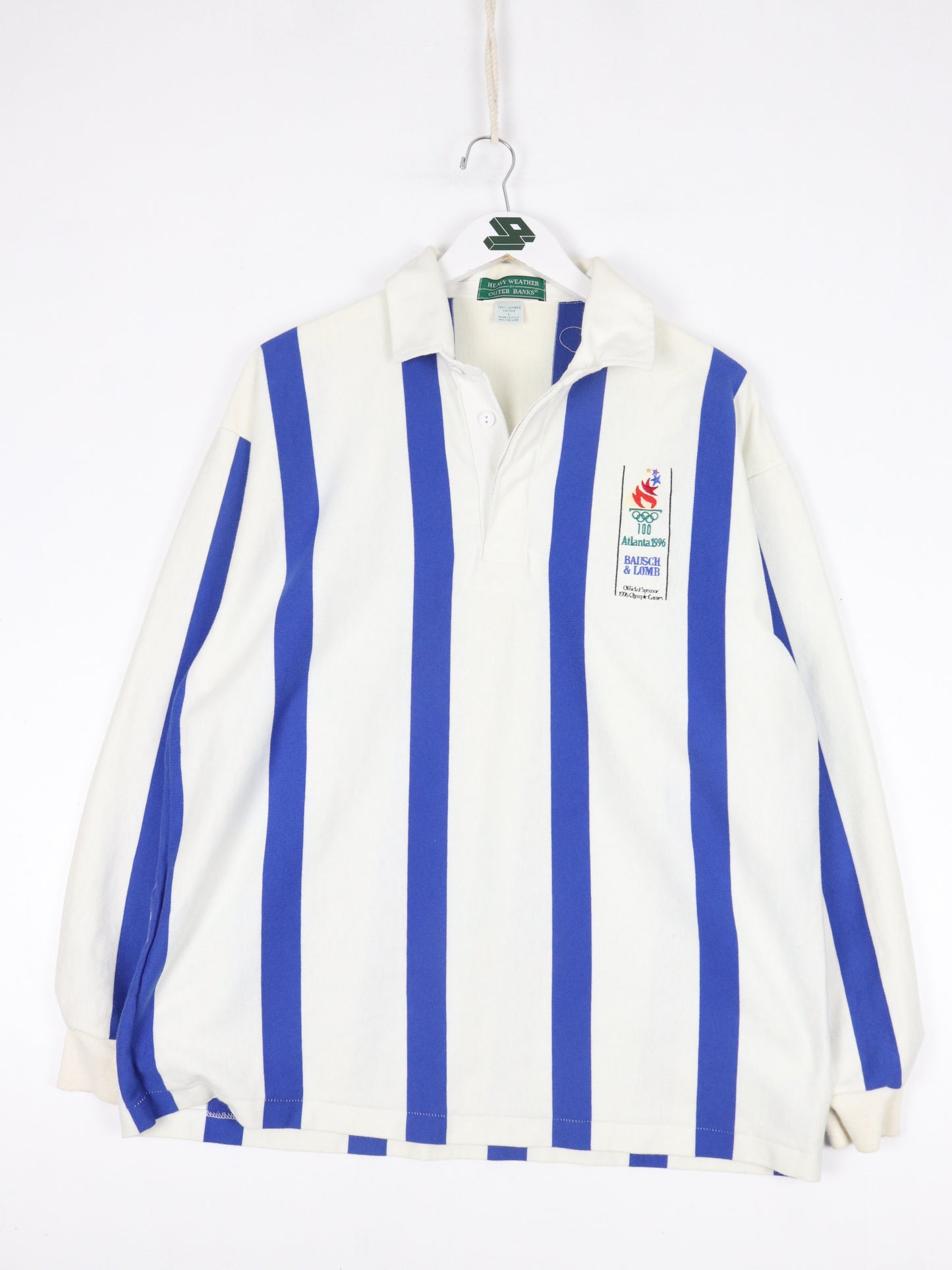 Vintage Olympics Polo Shirt Mens Large White Striped Rugby 1996 Atlanta