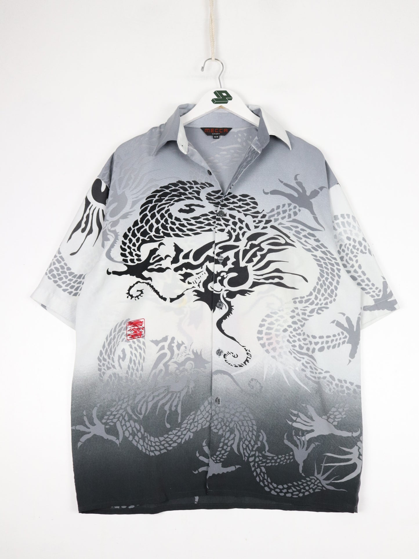 Vintage Mecca Sport Shirt Mens Medium Grey Japan Dragon Button Up
