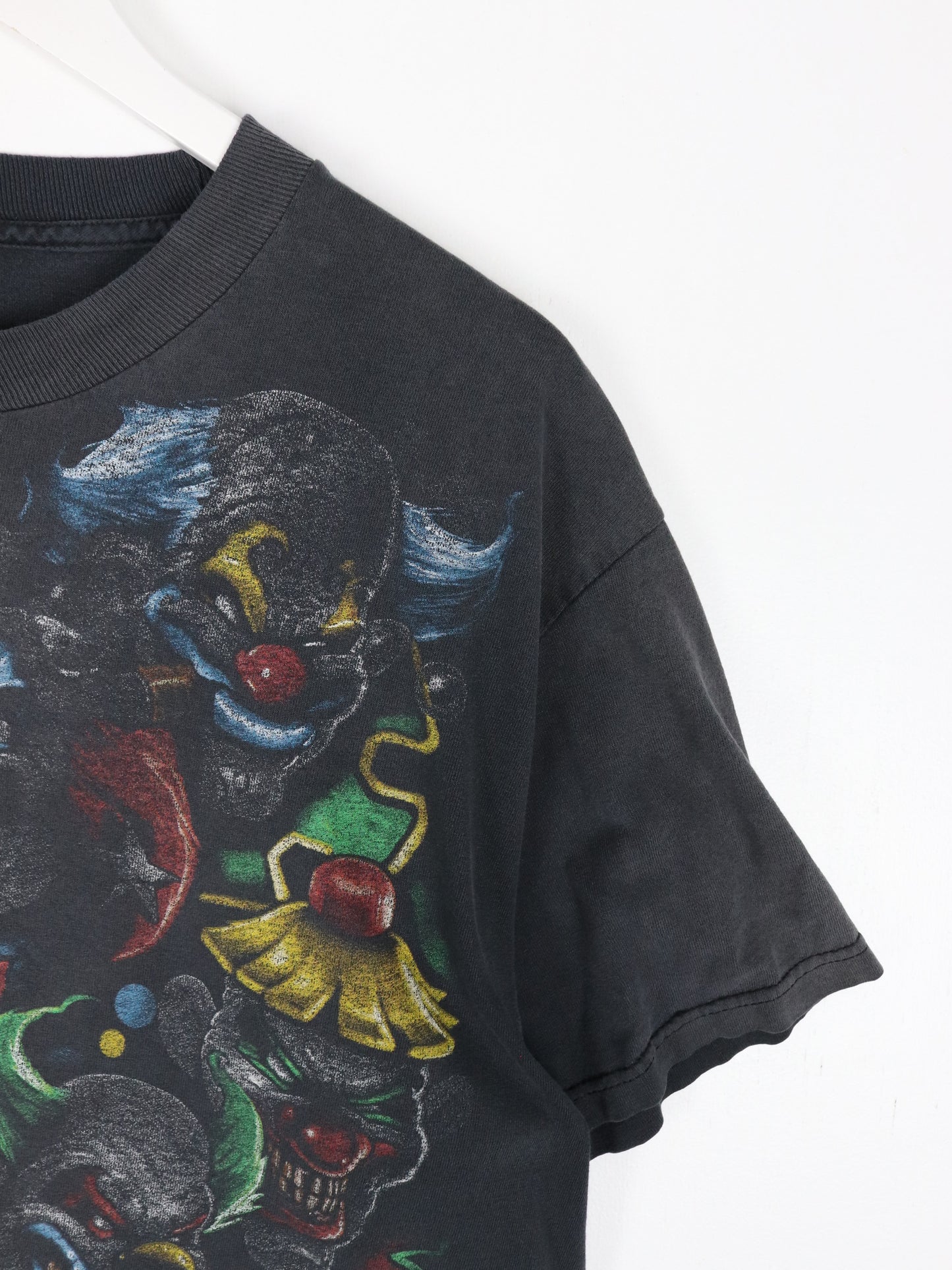 Vintage Liquid Blue T Shirt Mens Medium Black Clown All Over Print Y2K