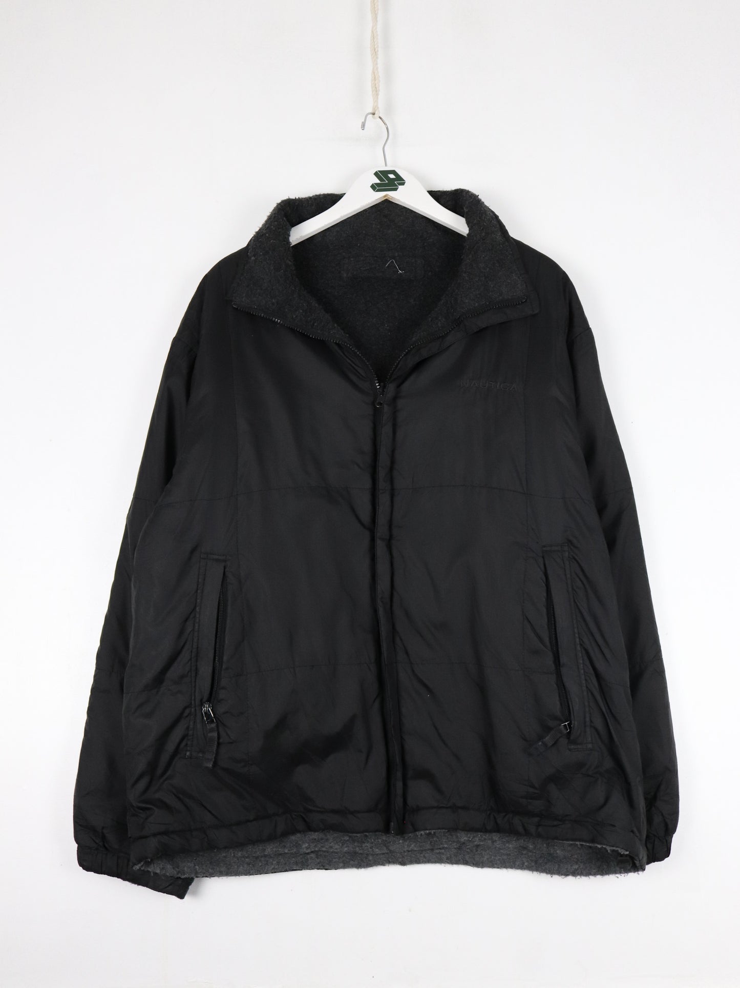 Vintage Nautica Jacket Mens Large Black Grey Reversible Fleece Coat