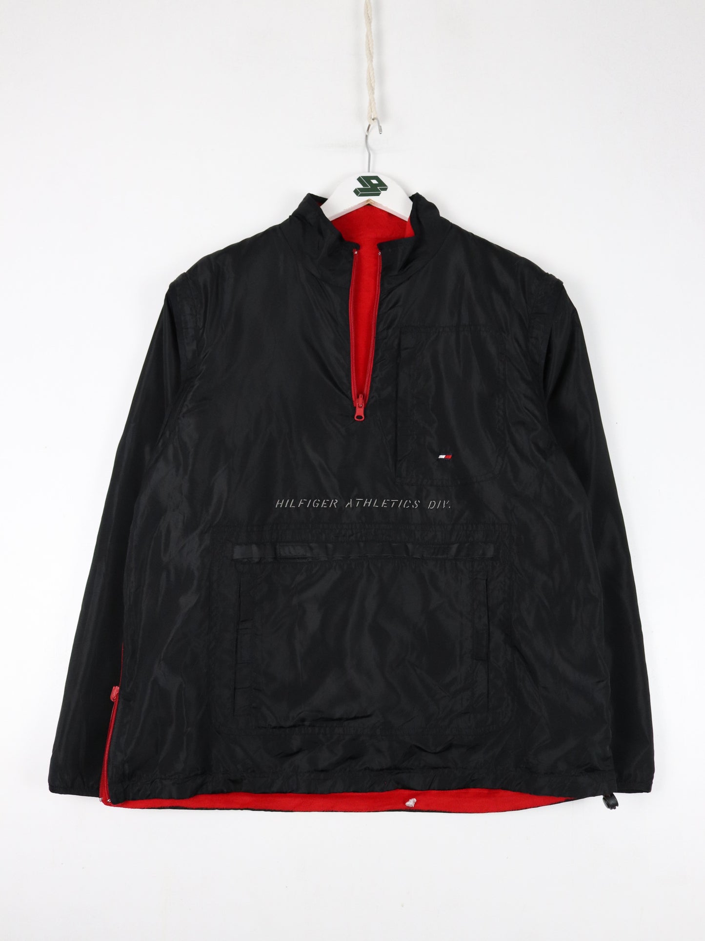 Vintage Tommy Hilfiger Jacket Mens Large Red Black Reversible Coat Fleece