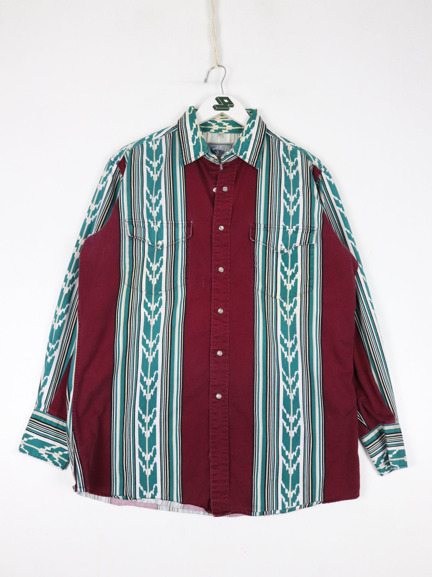 Red Lodge Shirt Mens Large Red Pearl Snap Aztec Western