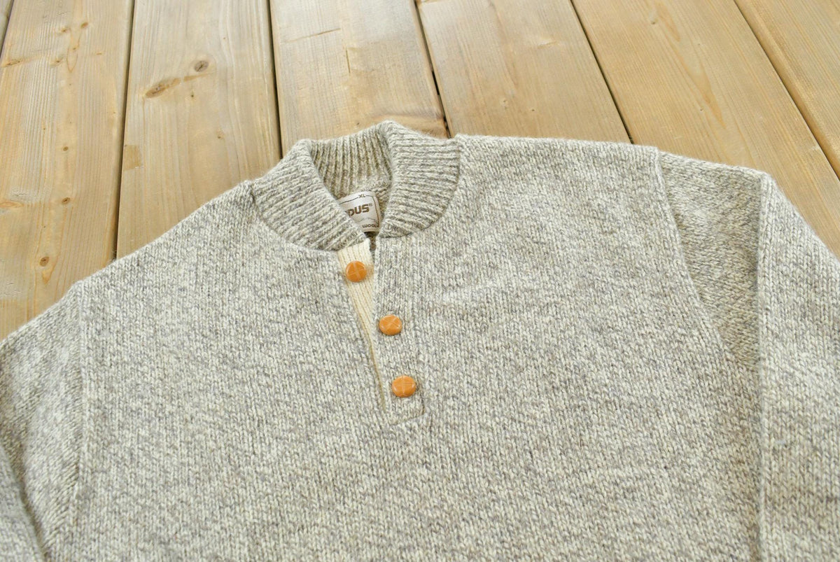 Vintage 1980s Campus Wool Knit Henley Collar Sweater Men's M