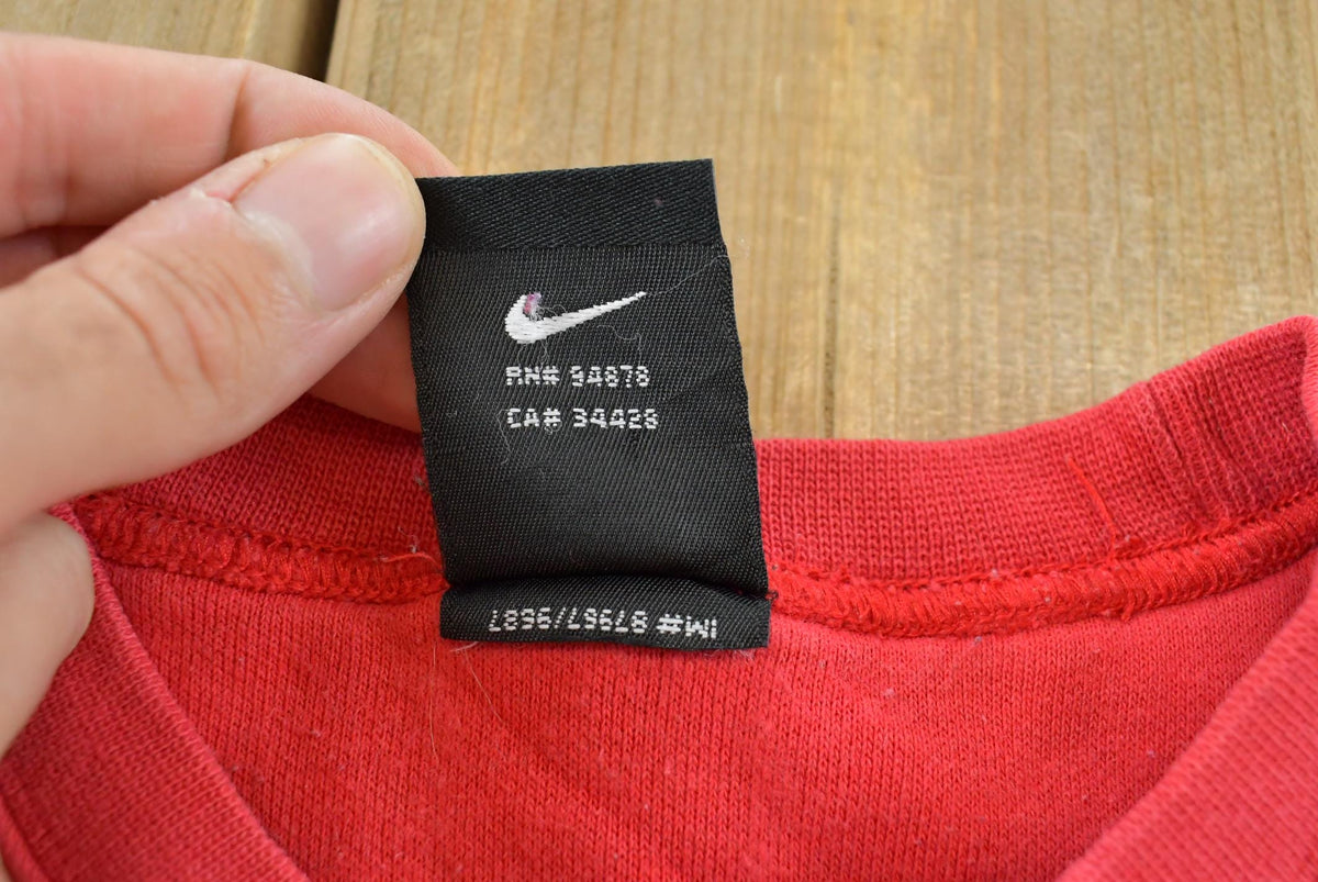 Vintage 1990s Nike Team Center Swoosh Chenille Spellout Patch Crewneck Sweater Men's 2XL
