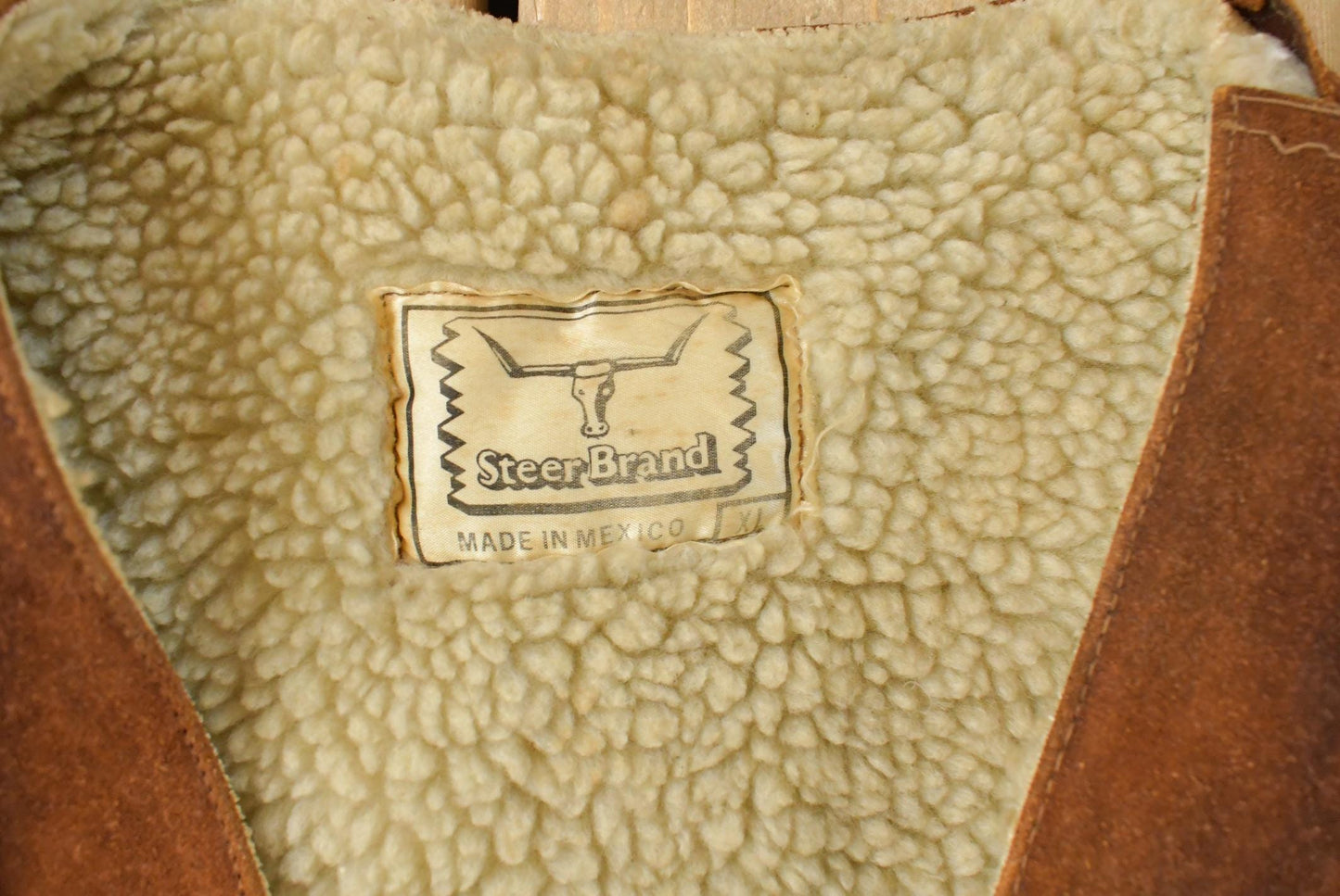 Vintage 1970s Steer Brand Western Leather Sherpa Lined Vest Jacket Men's L