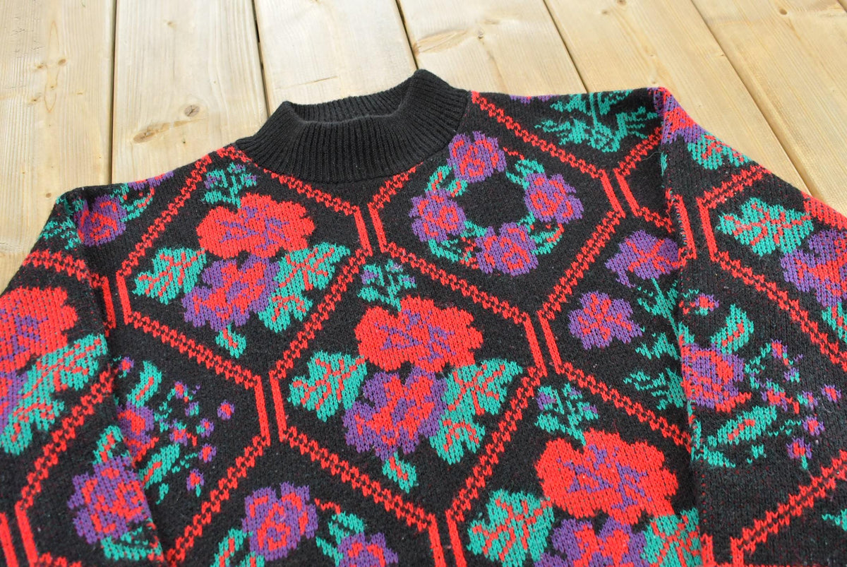 Vintage 1990s Laura Tyler Floral Acrylic Knit Crewneck Sweater Women's M