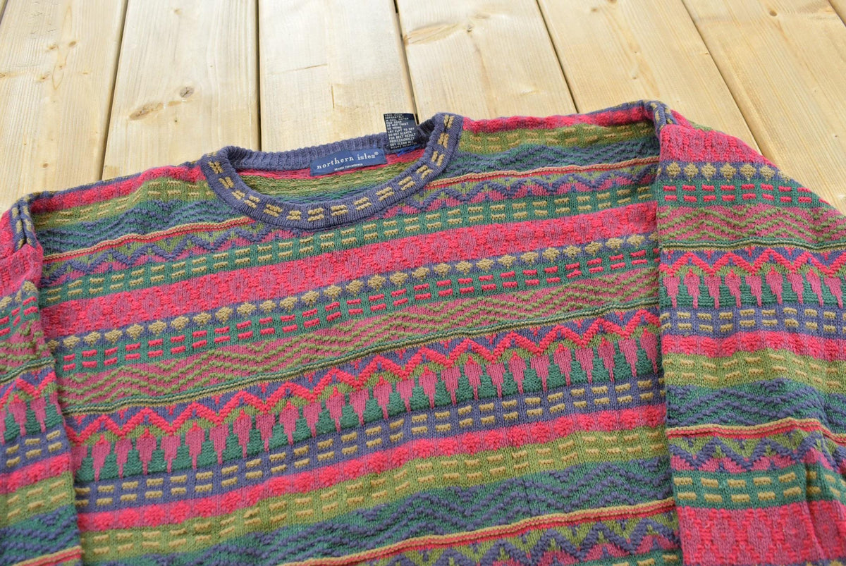 Vintage 1990s Northern Isles Striped Ramie Cotton Knit Crewneck Sweater Men's L
