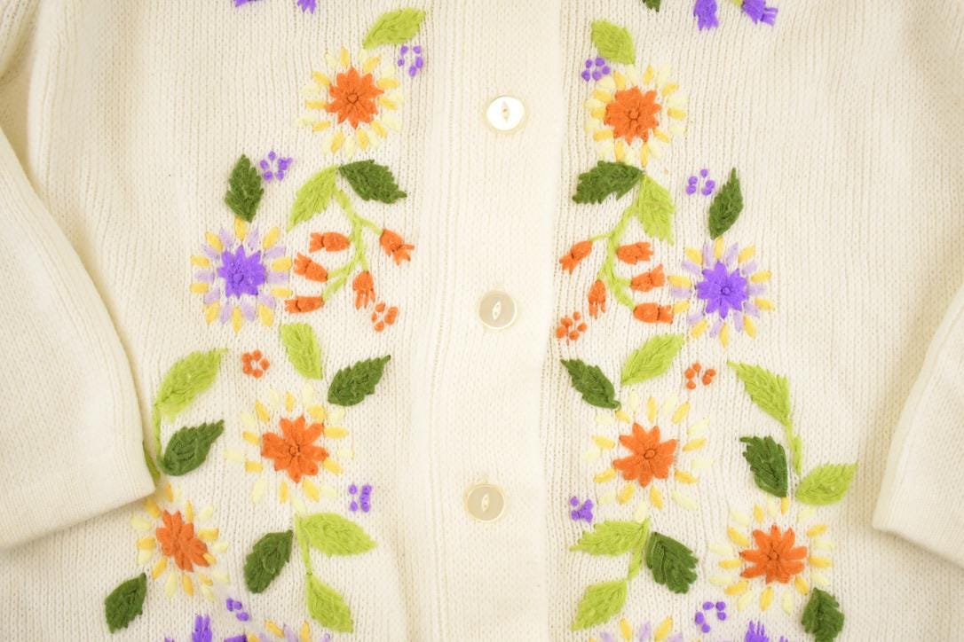 Vintage 1970s Sears Floral Knit Cardigan Sweater Womens XL