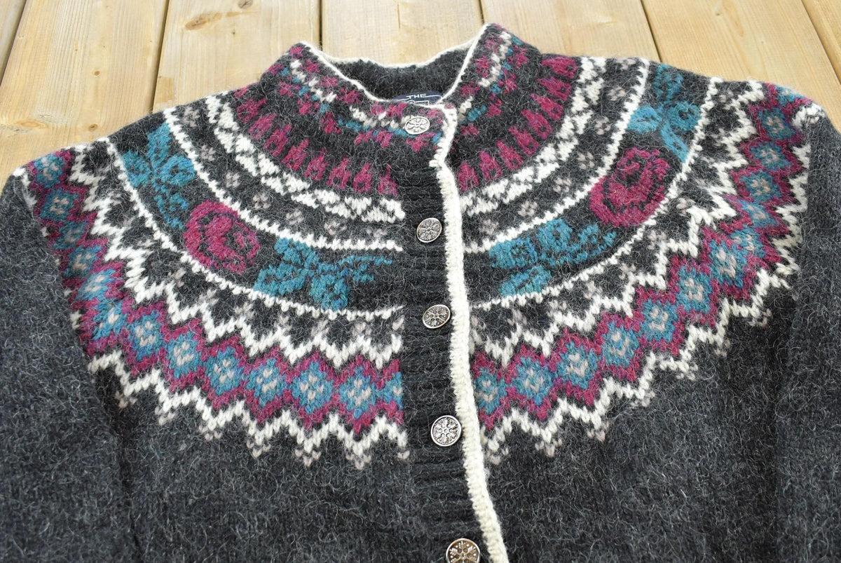 Vintage 1990s Woolrich Abstract Wool Knit Button Up Cardigan Sweater Women's L