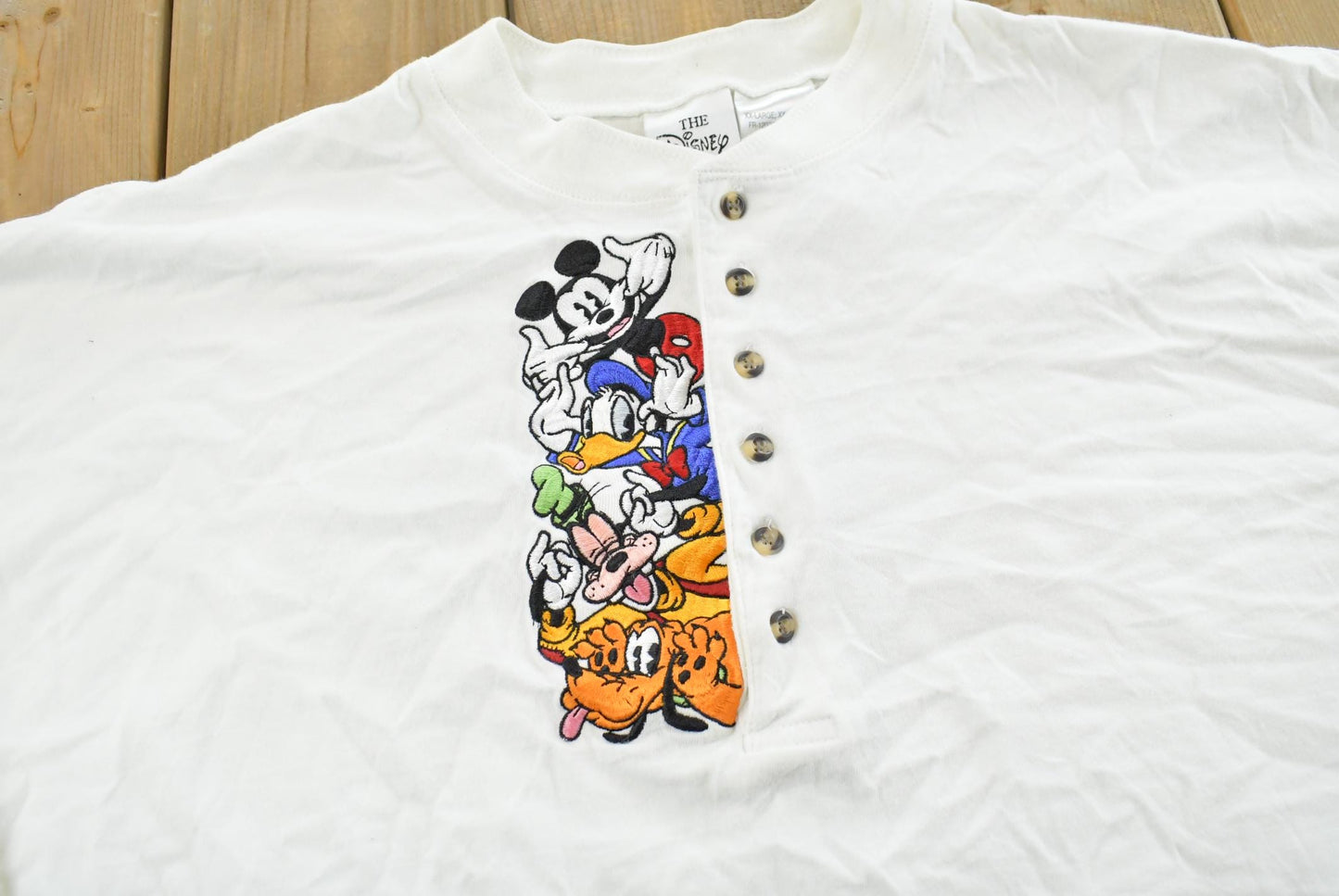 Vintage 1990s Disney Store Embroidered Mickey Mouse Henley Collared Long Sleeve Shirt Mens XL