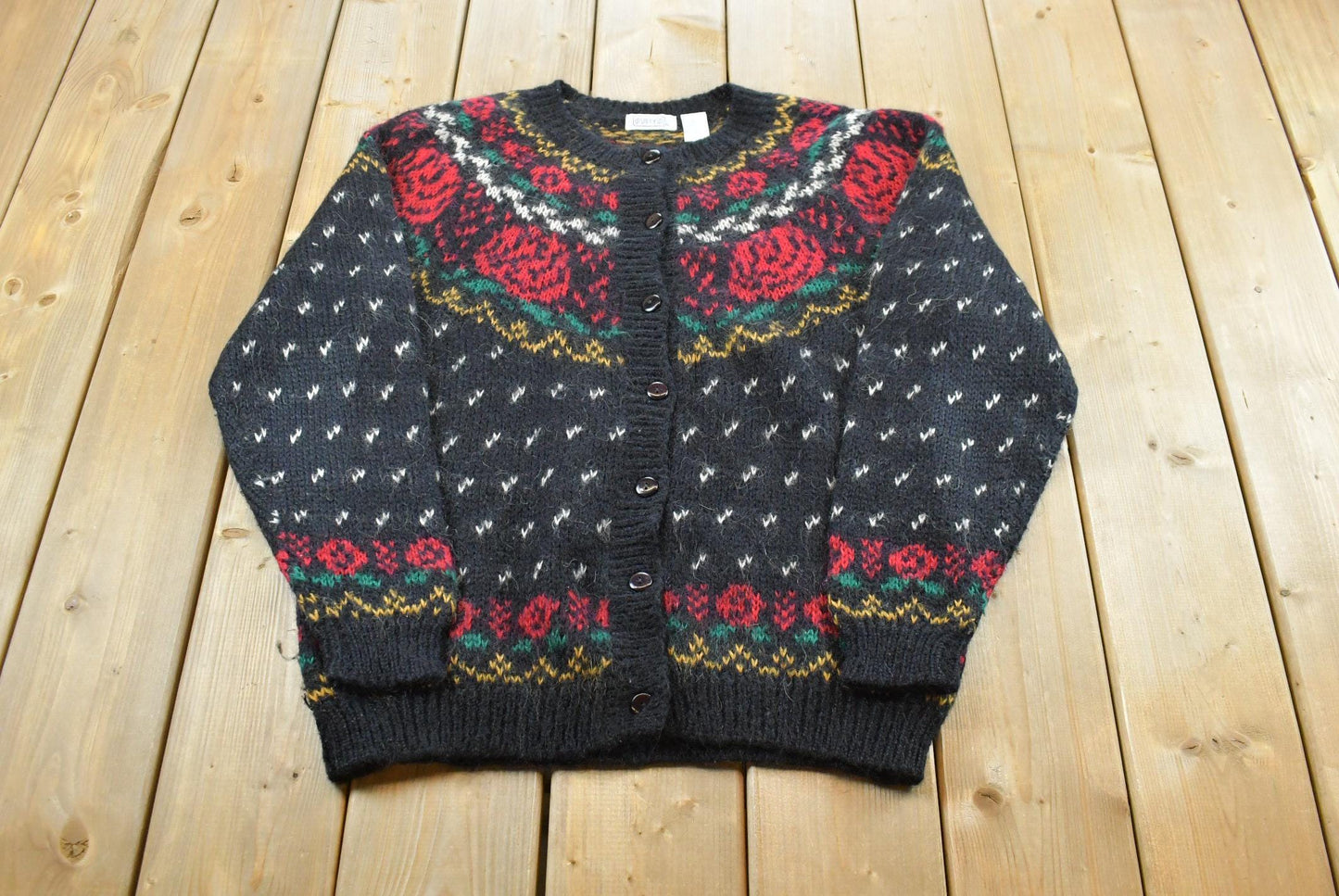 Vintage 1980s Ashley Mohair Blend Roses Button Up Knit Cardigan Sweater Women's XL / Made in Hong Kong / 80s Streetwear