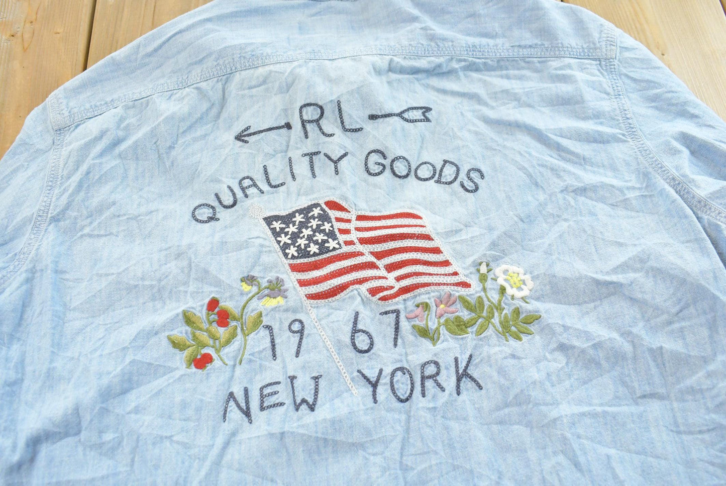 Vintage 1990s Polo Ralph Lauren Chambray RL Quality Goods American Flag Embroidered Button Down Shirt Men's L