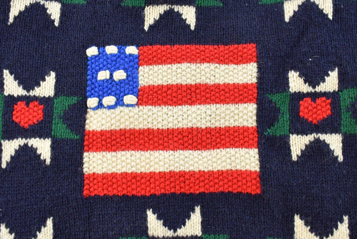 Vintage 1990s Eagles Eye 100% Wool American Flag Granny Square Patchwork Hand Knit Cardigan Sweater Women's M