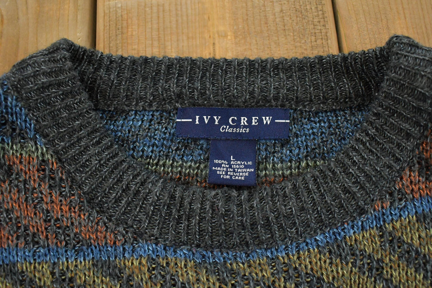 Vintage 1990s Ivy Crew Abstract Striped Knit Crewneck Sweater Men's Large