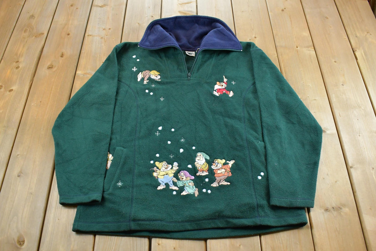 Vintage 1990s Snow White Seven Dwarves Disney Quarter Zip Fleece Sweater Men's Large / 90s Embroidered Retro Cartoon Sweatshirt