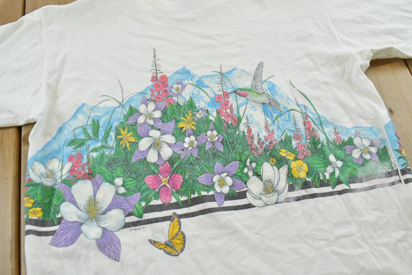 Vintage 1991 Habitat Durango Butterfly Garden Wraparound Graphic T-Shirt Men's M