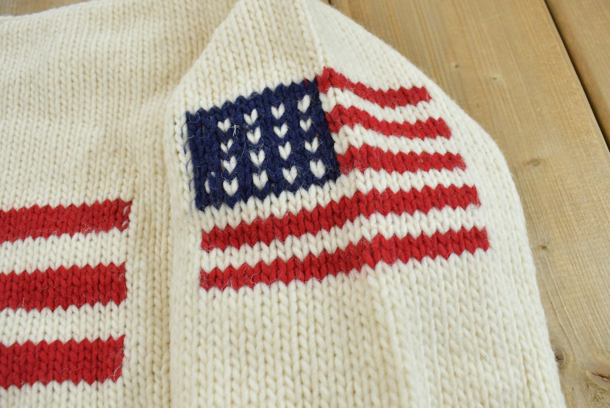Vintage 1980s Hand Knit USA American Flag Wool Knit Sweater Men's L