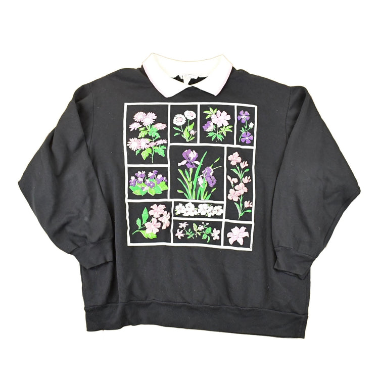 Vintage 1990s Alyssa Anne Floral Graphic Print Collared Sweatshirt Women's L