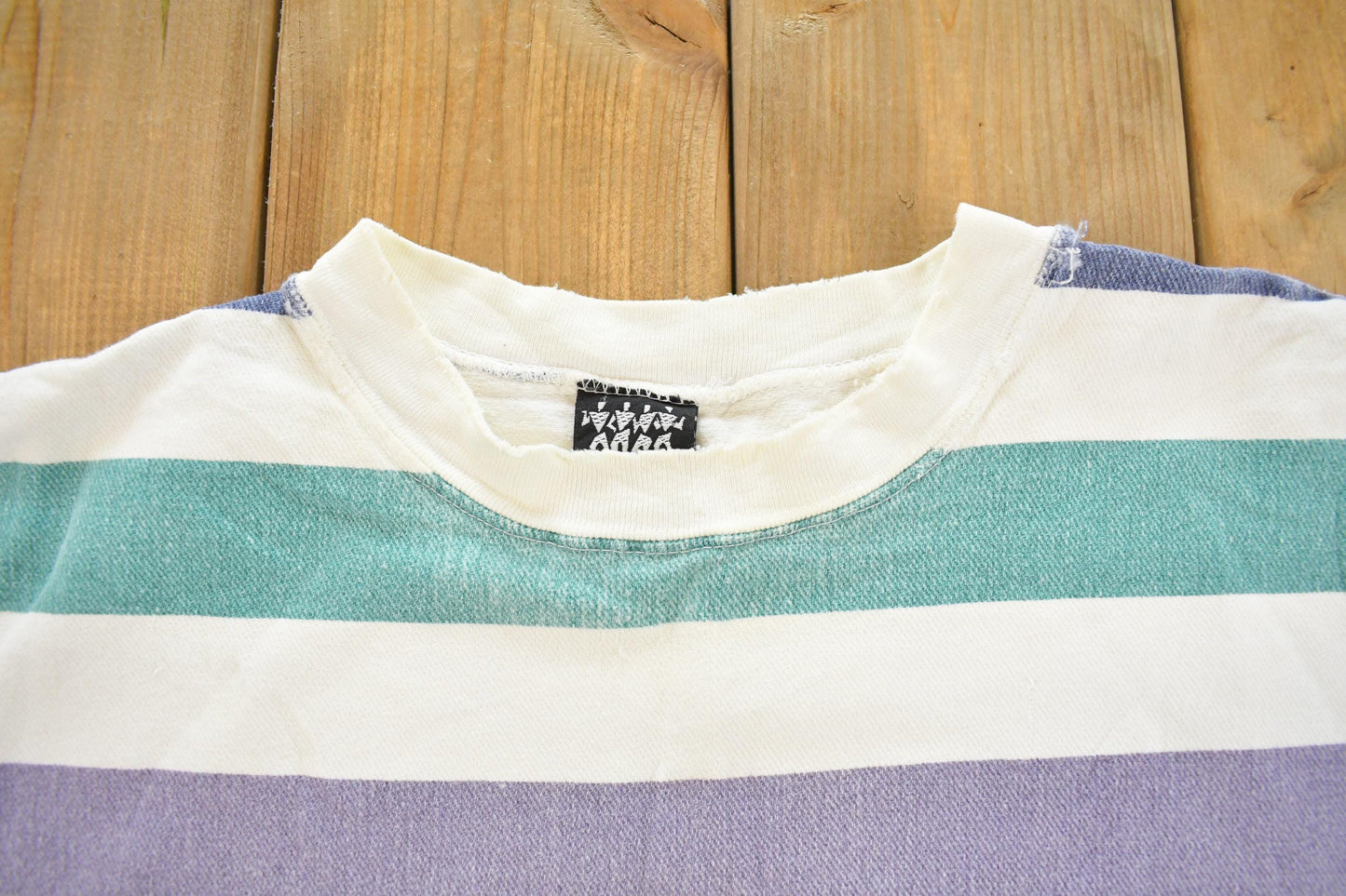 Vintage 1990s Rush Distressed Striped Crewneck Sweatshirt Men's XL