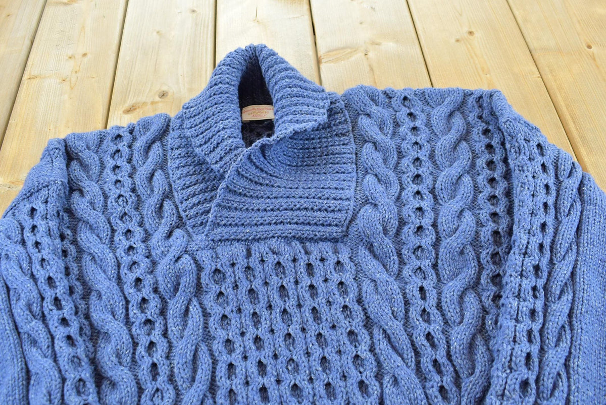 Vintage 1980s Hand Made Wool Cable Knit Shawl Collar Sweater Women's L