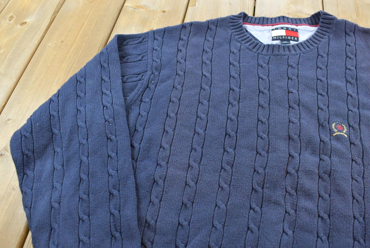 Vintage 1990s Tommy Hilfiger 3D Cotton Cable Knit Crest Logo Crewneck Sweater Men's L