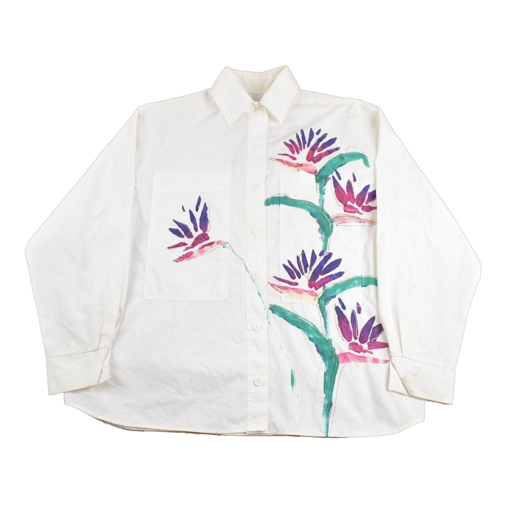 Vintage 1990s Hand Painted Floral Button Up Shirt Men's 2XL