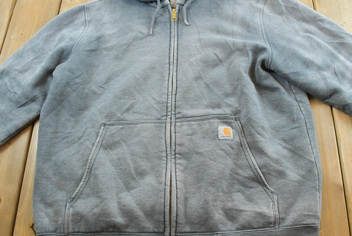 Vintage 1990s Faded Carhartt Full Zip Quilted Lined Hoodie Jacket Sweatshirt Men's XL / 90s Workwear / Heavyweight / Rain Defender