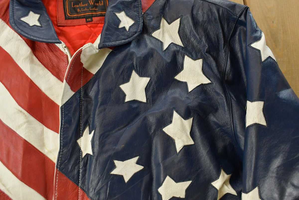 Vintage 1990s Leather World By Lucky Leather American Flag USA Leather Jacket Men's 2XL